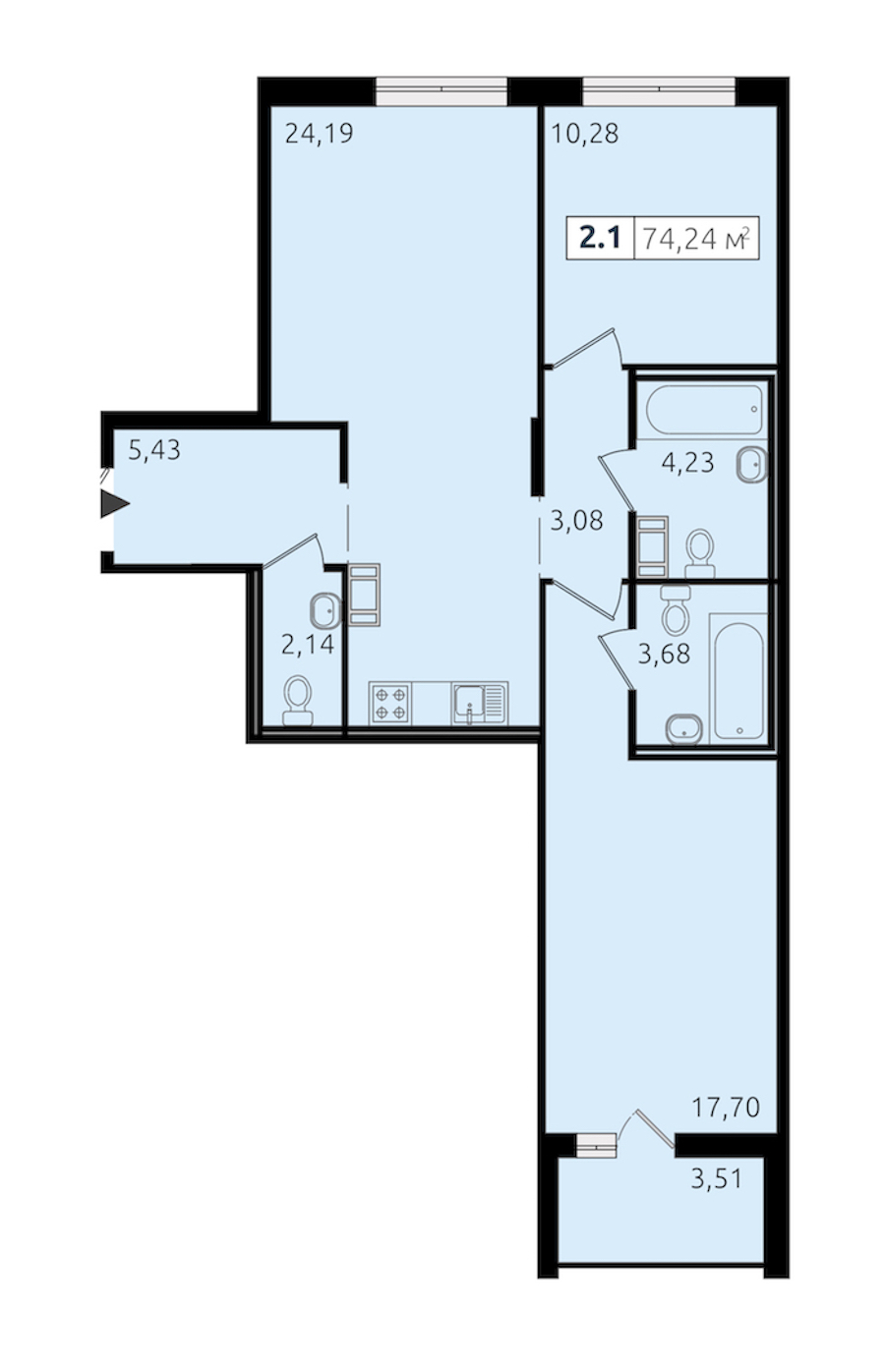 2-комнатная квартира 70.84 м², 10/12 эт., ЖК «Чёрная речка»